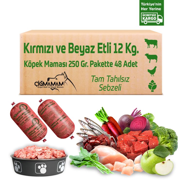 Kırmızı ve Beyaz Etli Tahılsız 12 Kg 250 Gr 48 Adet Çiğmamam Barf Köpek Maması